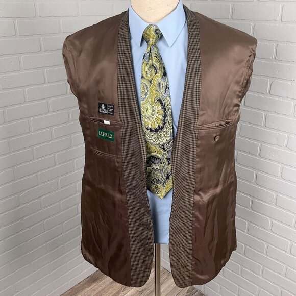 Lauren Ralph Lauren Blazer Men 42R Brown Gold Houndstooth Wool Classic Jacket - Picture 6 of 16